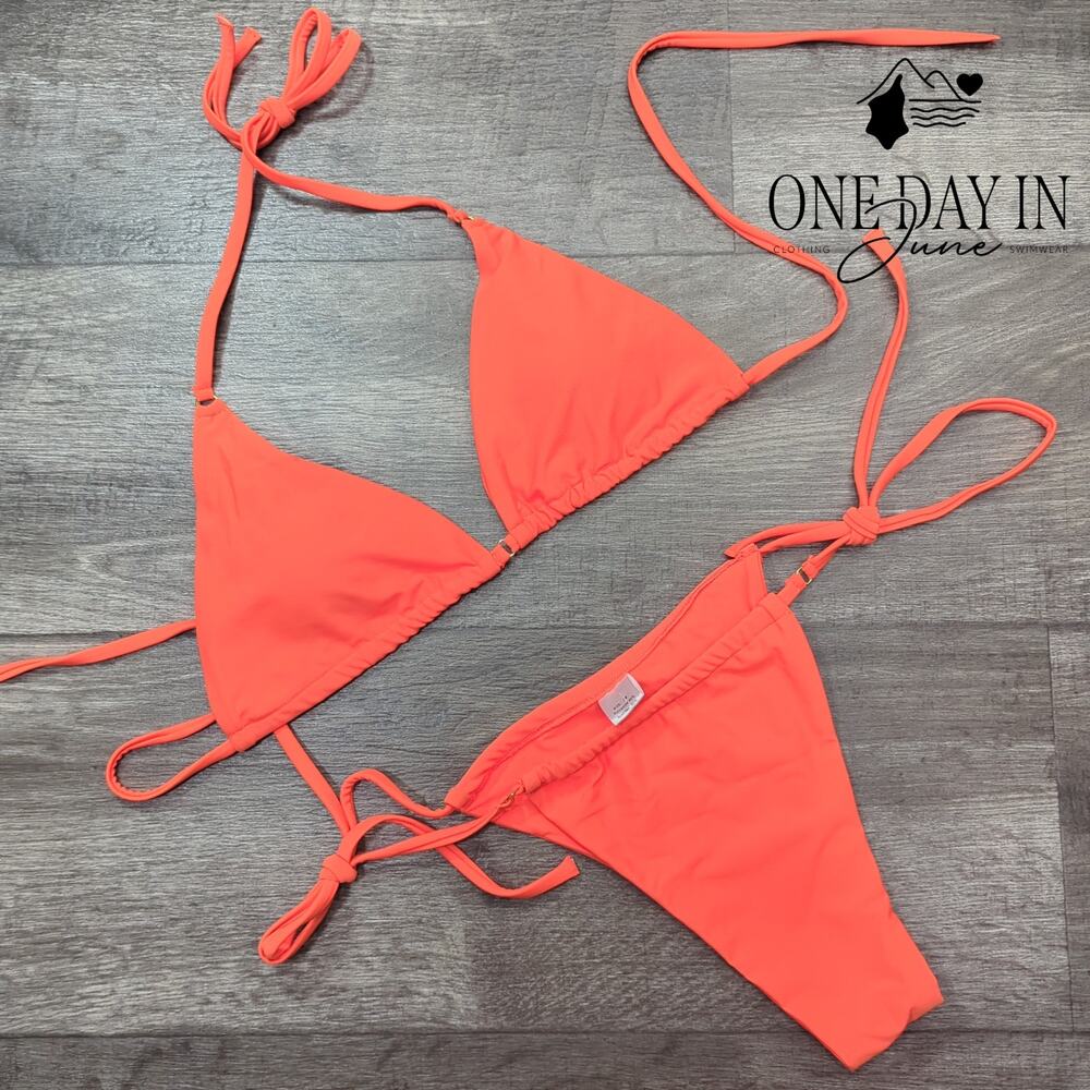CharmLeaks Triangle Tie Side Bikini Swimsuit Neon Orange Coral Size M